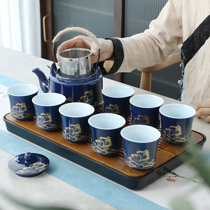 偲逸家用功夫茶具套装描金提梁壶一壶八杯不锈钢过滤内胆茶壶茶道
