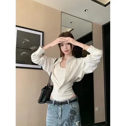 POLO领收腰衬衫夏季女连体SUNONEONE假两件上衣修身天丝白色法式