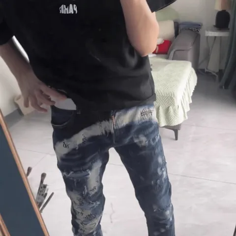 男小脚新款涂鸦牛仔裤泼墨街头潮牌潮男磨白修身弹力补丁春季欧美
