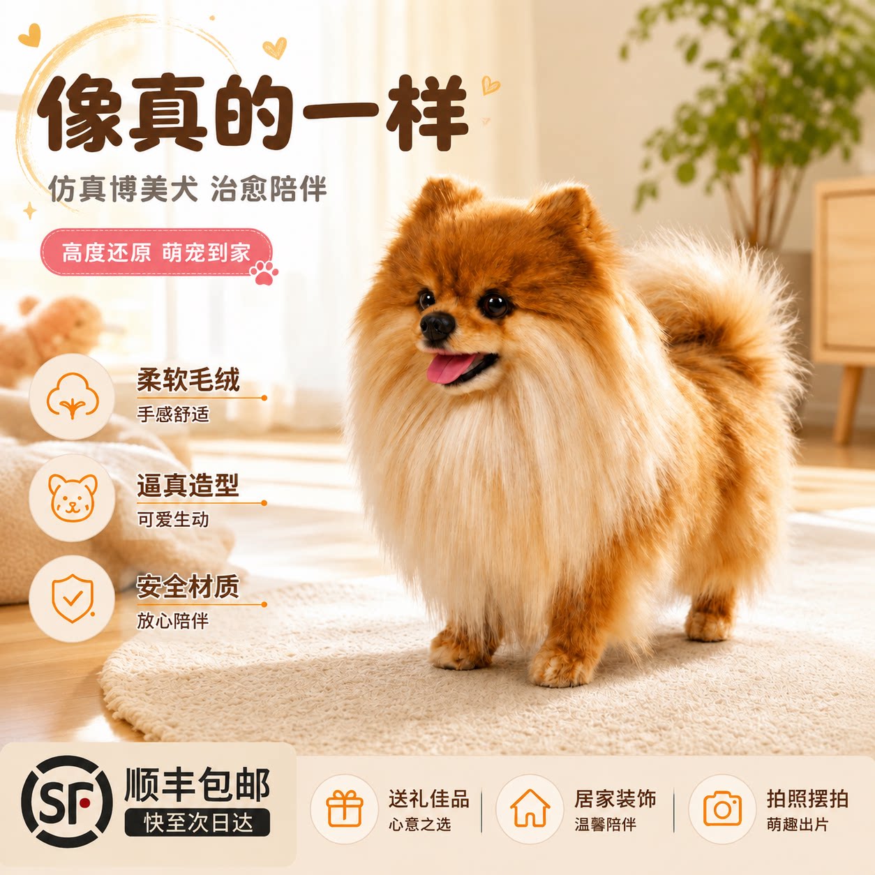 仿真博美狗动物玩偶可爱高度还原公仔生日送小孩的礼物顺丰包邮