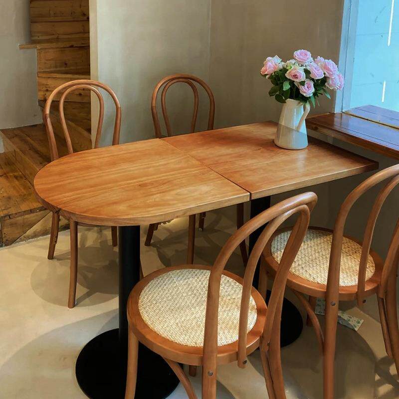 网红咖啡厅桌椅组合日式甜品奶茶店烘焙餐馆藤编餐椅实木椭圆桌子