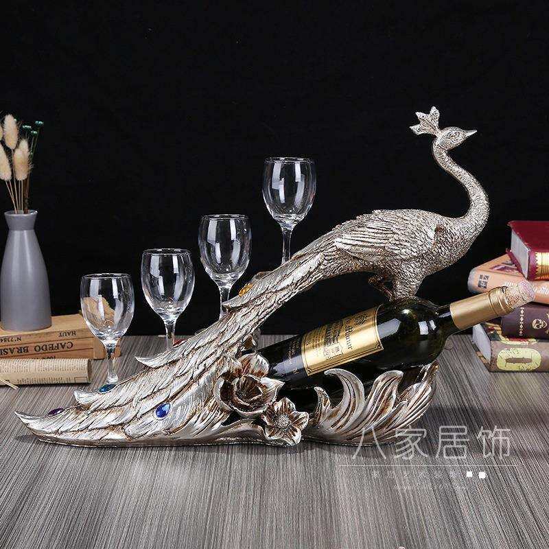 欧式复古做旧孔雀红酒架摆件 雕塑 树脂工艺品家居客厅桌面装饰品