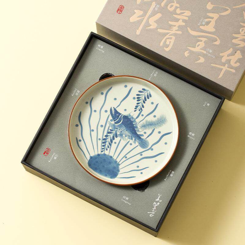 青花鱼藻纹壶承纯手绘陶瓷高档茶壶盖碗底托复古茶具配件釉下彩