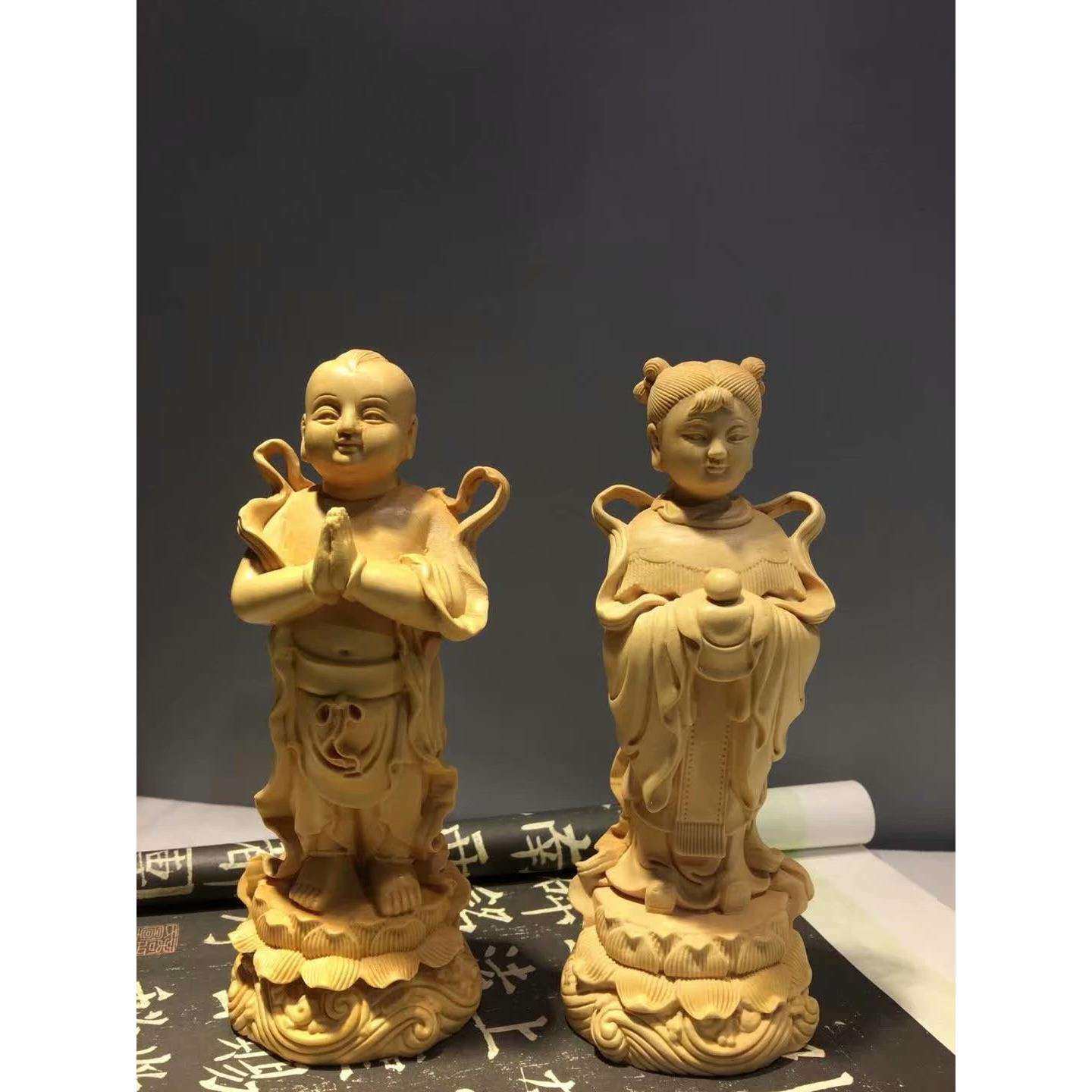 大叶黄杨木雕刻工艺品中式家居客厅装饰童男童女摆件实木古典人物