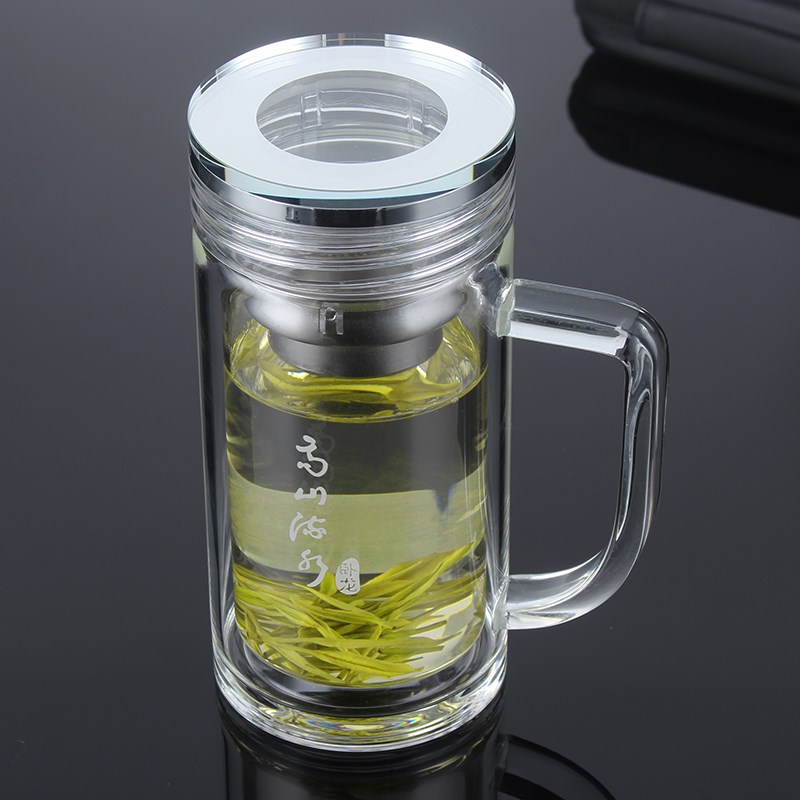 卧龙水杯子透明双层玻璃杯带把手高山流水水晶大容量泡茶杯耐高温
