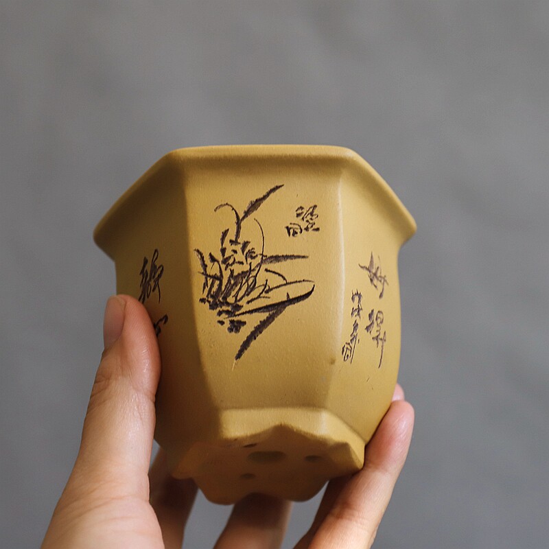 精品紫砂小花盆 段泥手工刻绘 苏兵制作 六方盆 微型盆景盆