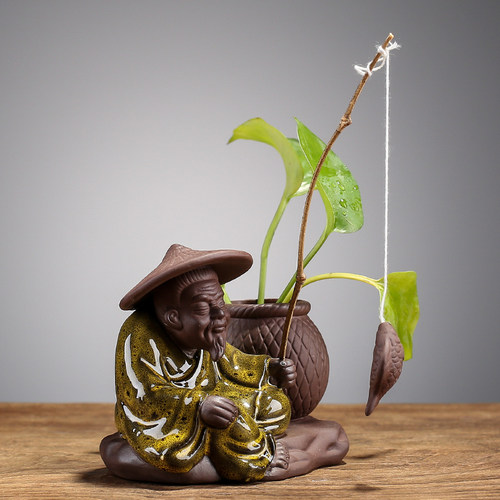 宇轩 紫砂茶宠渔翁垂钓花器摆件客厅陶瓷鱼缸造景可养姜太公钓鱼