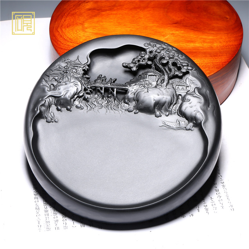 非遗歙砚名师作品 老坑砚台《溪山行旅》手工雕刻天然原石砚台歙