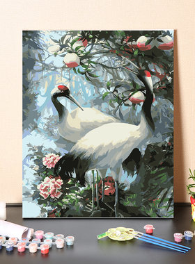 数字油画diy手工填充吉祥长寿白鹤涂色手绘填色客厅装饰油彩画画