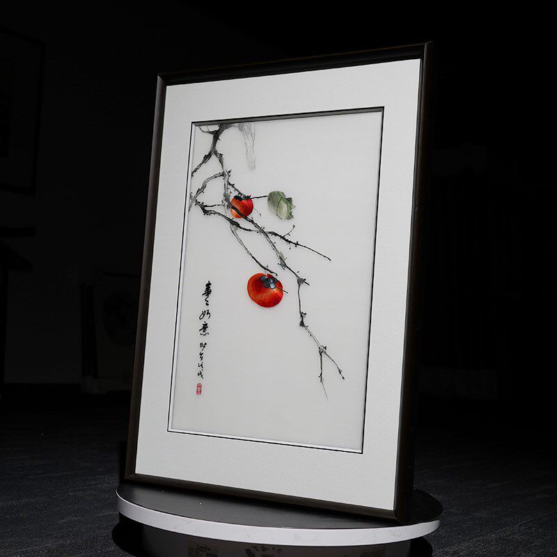 现代中式装饰画柿子刺绣纯手工苏绣艺术装饰挂画