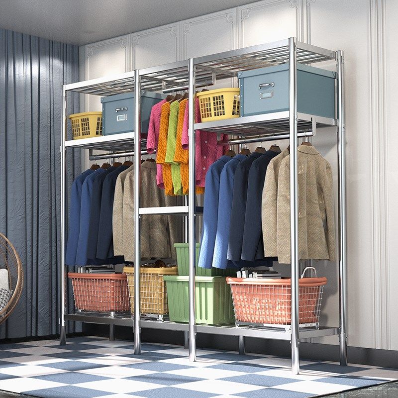 简易衣柜 不锈钢管加粗加厚出租房结实耐用螺丝加固开放式 衣柜架