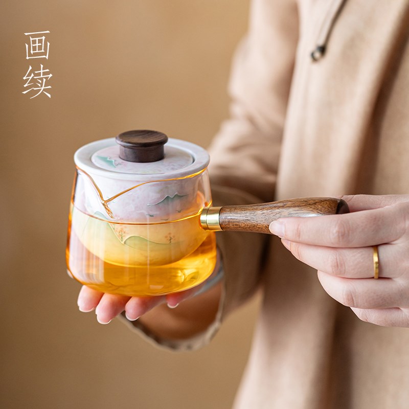 画续白瓷粉黛耐手绘远山侧把壶泡茶家用高温玻璃功夫茶具陶瓷内胆