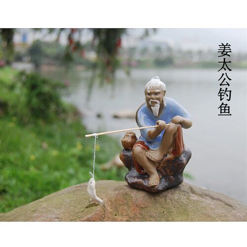 姜太公坐渔陶瓷渔翁摆件 假山盆景 鱼缸造景人物水族 茶盘装饰品