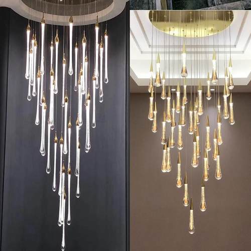 后现代大气简约楼梯水晶水滴长吊灯别墅复式楼吧台组合流星雨吊灯