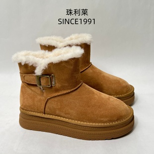 珠利莱2025年厚底绒面雪地靴女冬季加厚毛绒保暖靴扣带短靴棉鞋