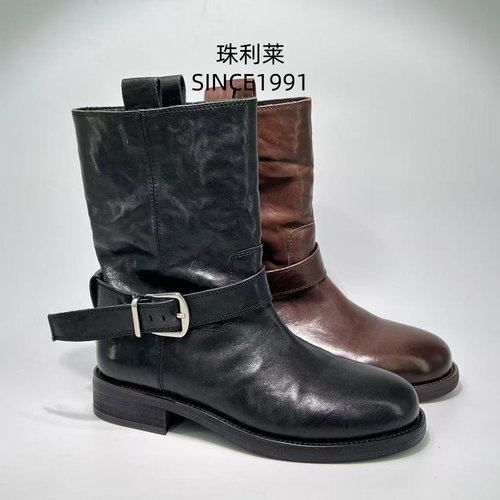 时尚真皮2025新款中筒靴英伦风