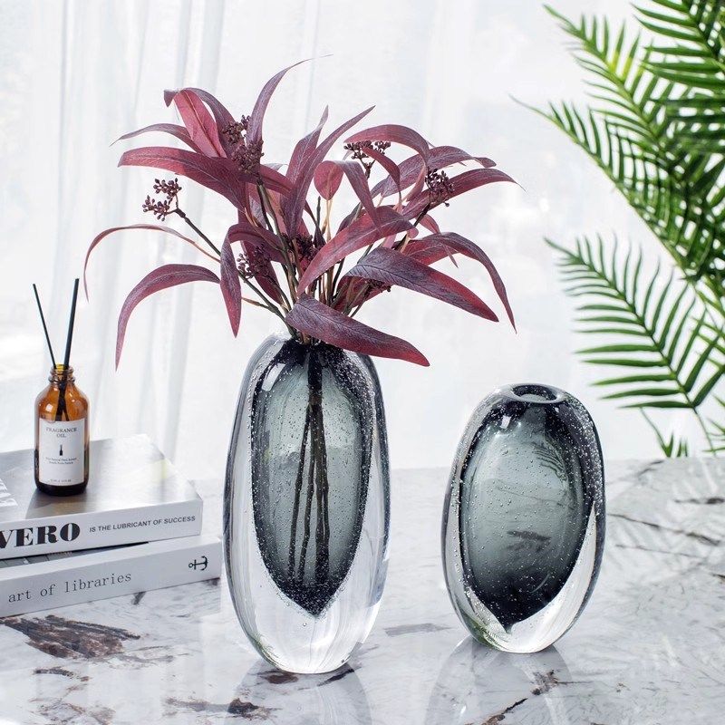 木南家居欧式极简灰色气泡琉璃花瓶手工花器厚底客厅桌面卧室摆件