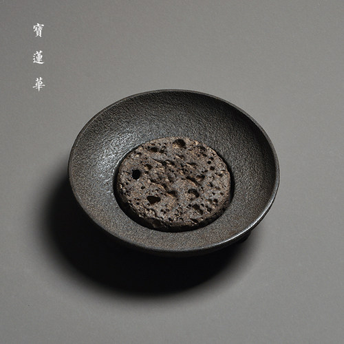 三足圆钵玄武岩火山石垫壶承 手工石雕茶托茶台干泡茶盘 养壶托盘