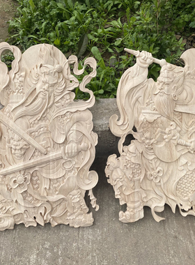 东阳木雕中式高端实木复古入户大门头仿古木质挂件门神镂空雕刻画