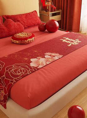 ll结婚红色床旗喜字床尾巾轻奢家用酒店婚房婚庆礼床上搭