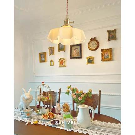 法式复古奶油玻璃吊灯侘寂民宿简约现代玄关餐厅灯吧台花朵小吊灯