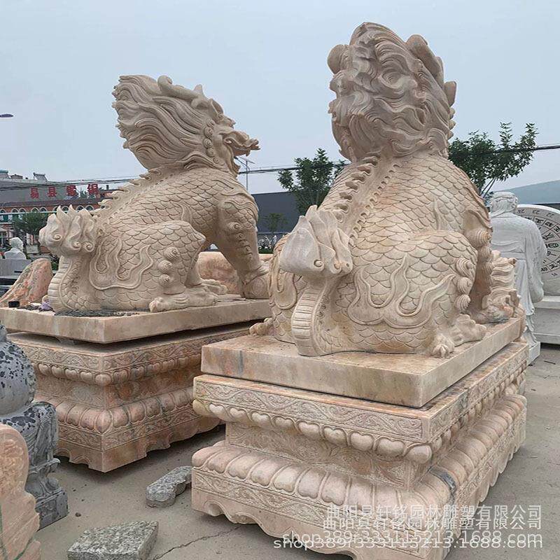 现货晚霞红石雕麒麟 一对大理石汉白玉麒麟 庭院门口瑞兽雕塑摆件