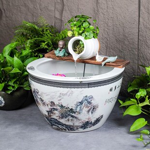 大型陶瓷流水喷泉鱼缸陶罐水循环造景u古法鱼缸客厅阳台落地大水