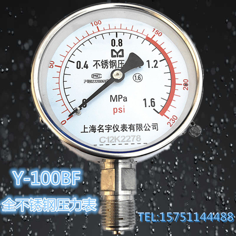 全不锈钢压力表Y100BF1.6MPa防腐蚀304材质蒸汽锅炉表高温水油压