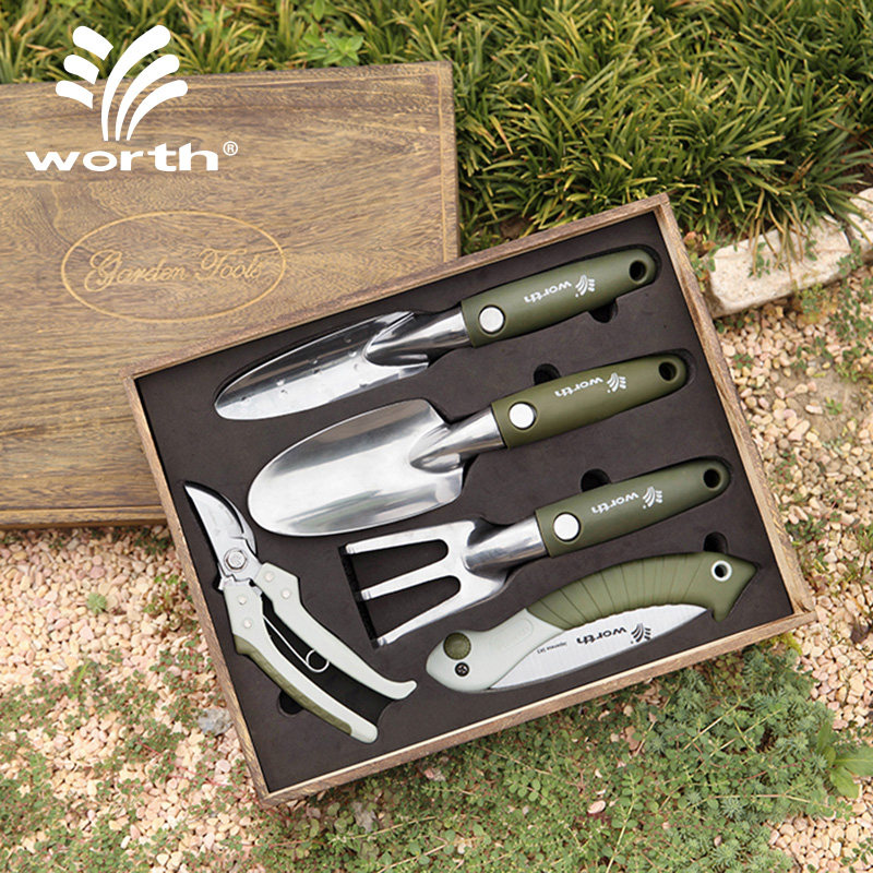 沃施worth园艺豪华桐木花园工具礼品套装养花铲子修枝剪耙子手锯