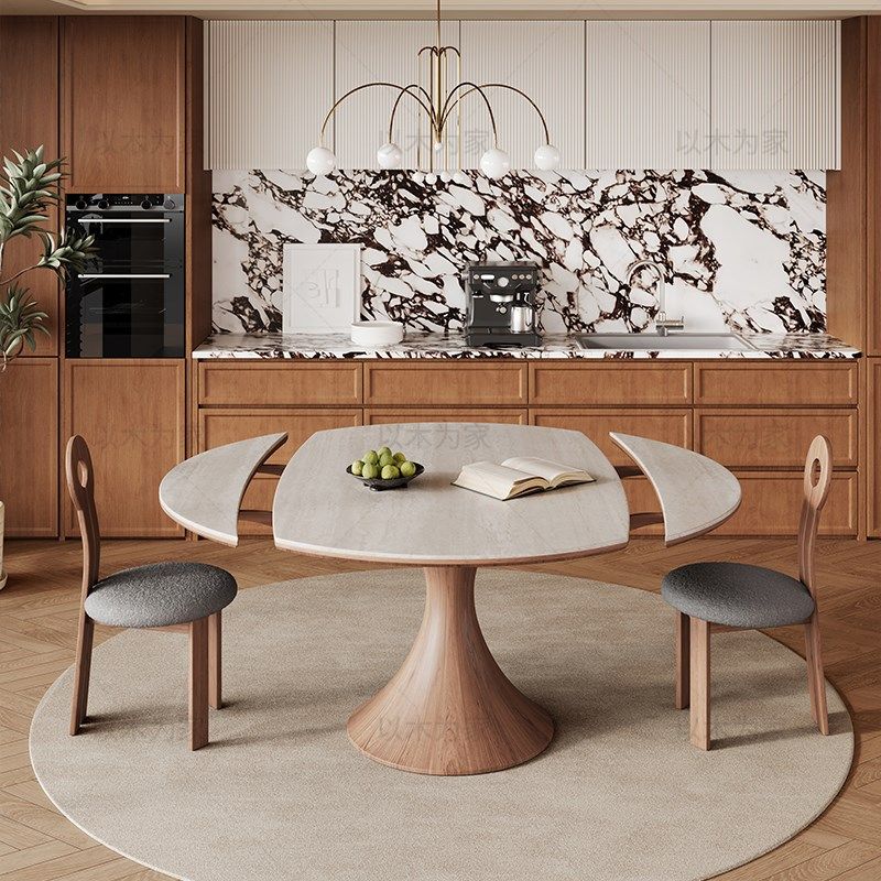 中古风洞石伸缩岩板小户型餐桌餐厅设计师高端方圆两用小蛮腰餐桌,住宅家具,岩板餐桌,淘宝优惠券,粉丝福利购,淘宝优惠卷