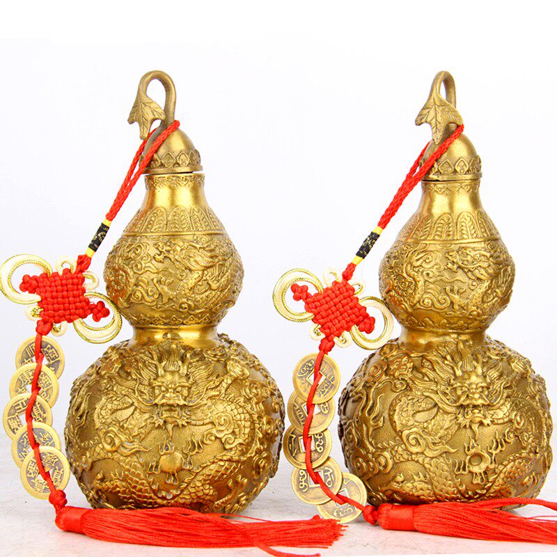 黄铜开口龙纹铜葫芦五龙铜葫芦家居工艺品摆件龙款铜葫芦双龙戏珠