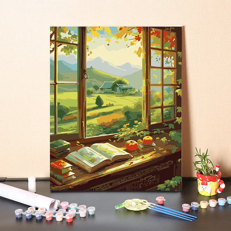 数字油画diy填充手工春夏秋冬窗外景色填色丙烯装饰涂色油彩画画