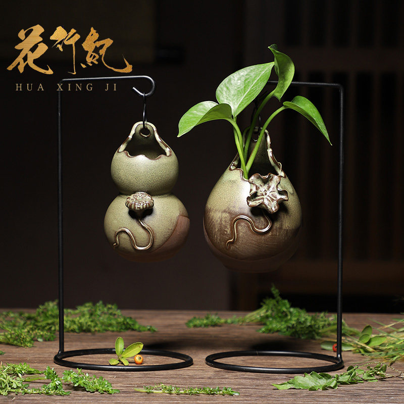 手工复古陶瓷花器挂式铁架摆件插花花瓶培育绿植装饰家居架子花盆