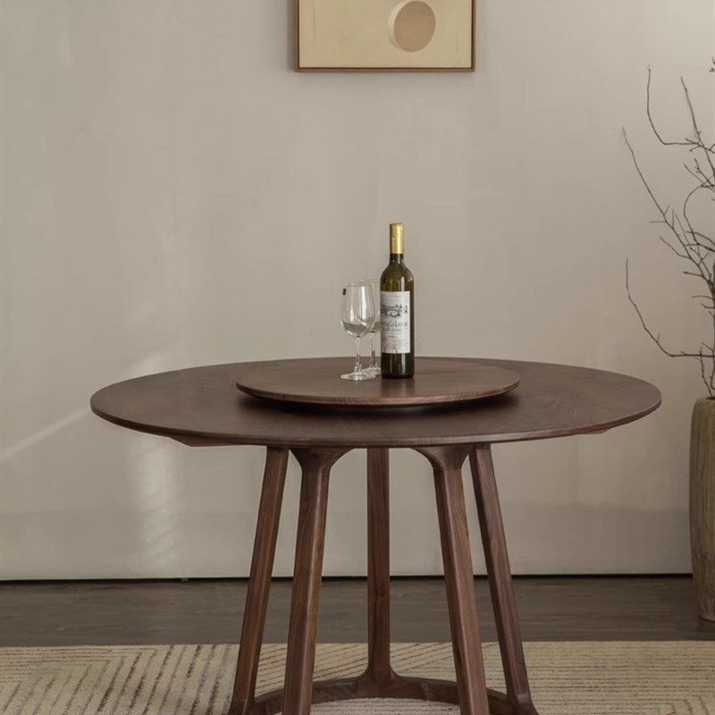 北美黑胡桃木全实木圆形餐桌家用现代简约餐厅带转盘大圆桌