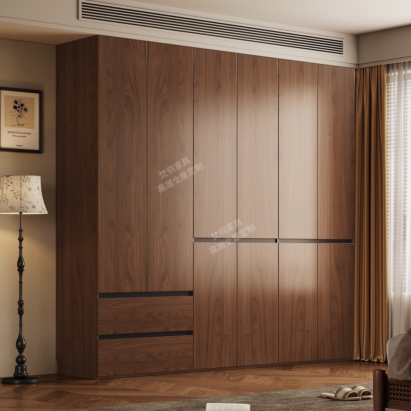 现货中古风全实木衣柜家用卧室储物柜胡桃木色橡木分段式成品衣橱