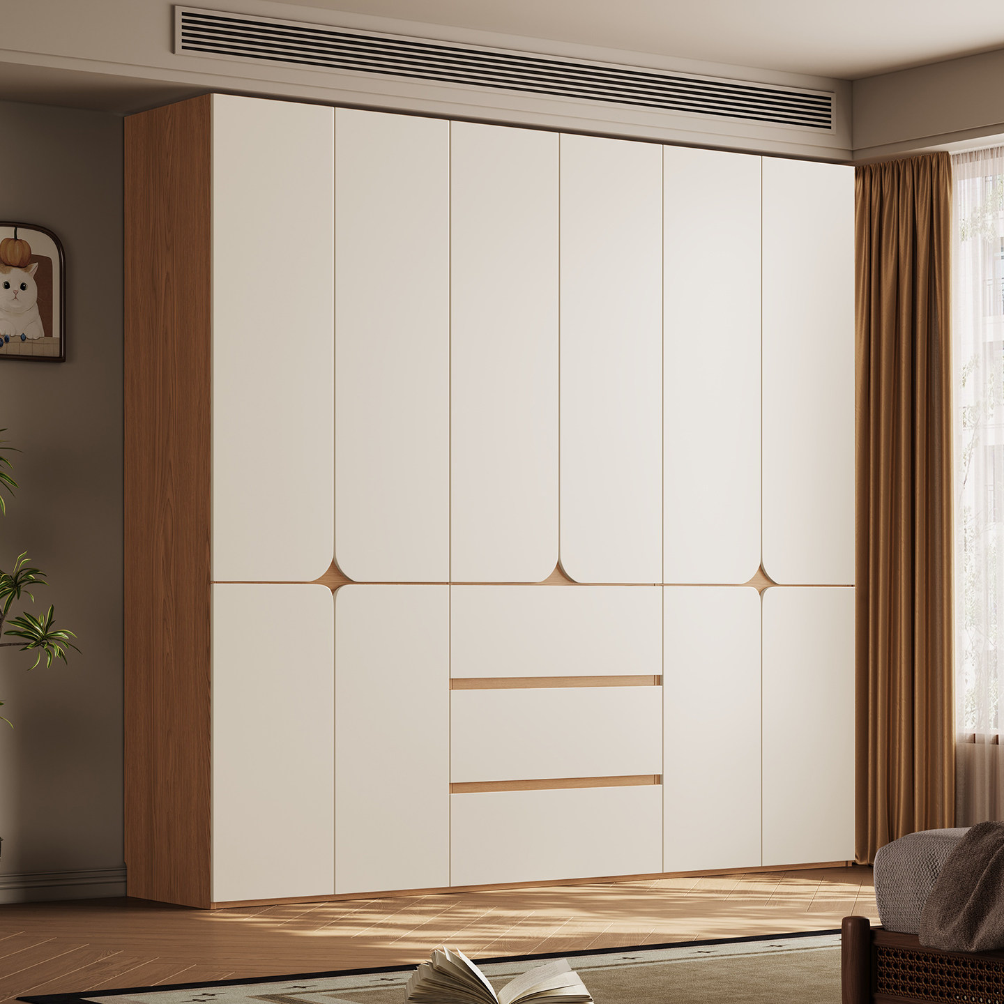 现货奶油风衣柜橡木家用卧室原木拼白色全挂式平开门大衣橱子