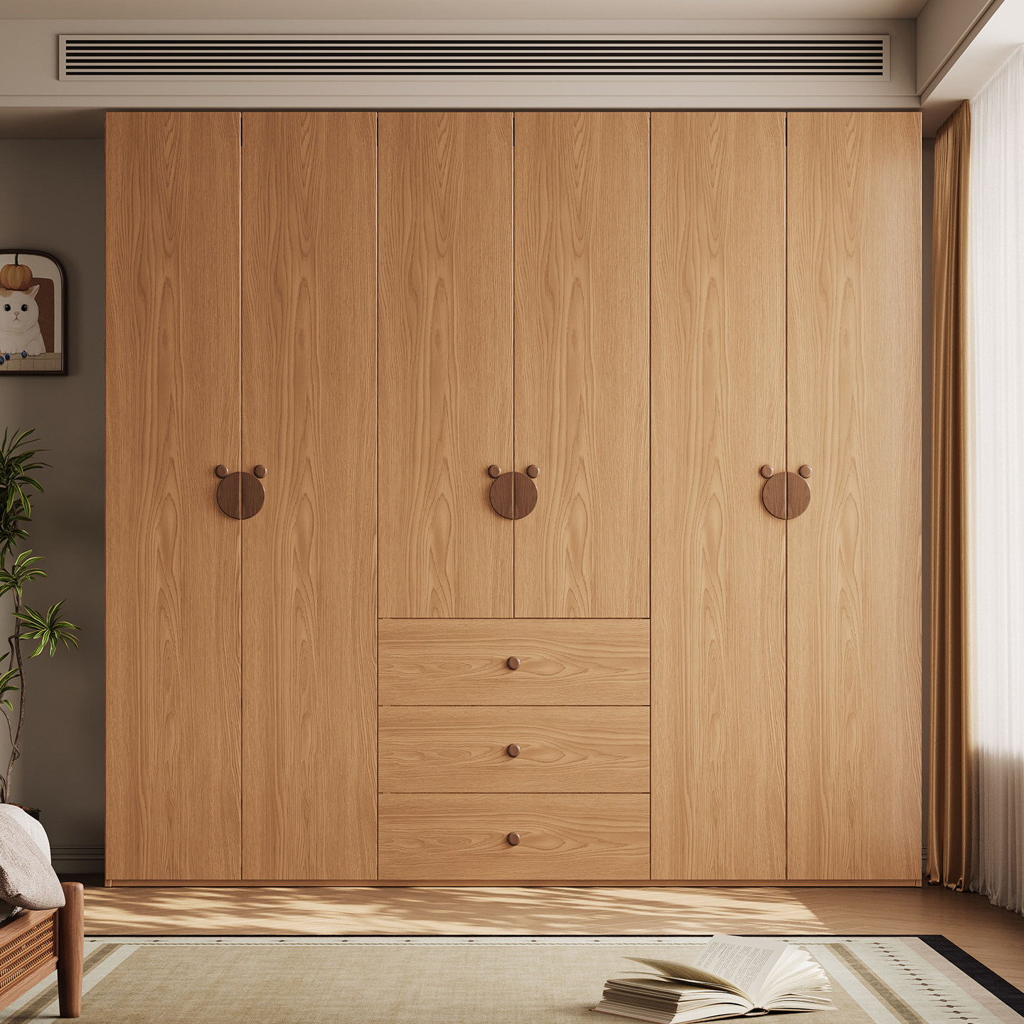 现货实木组合衣柜橡木家用卧室原木色中古大户型风八十门大衣橱子