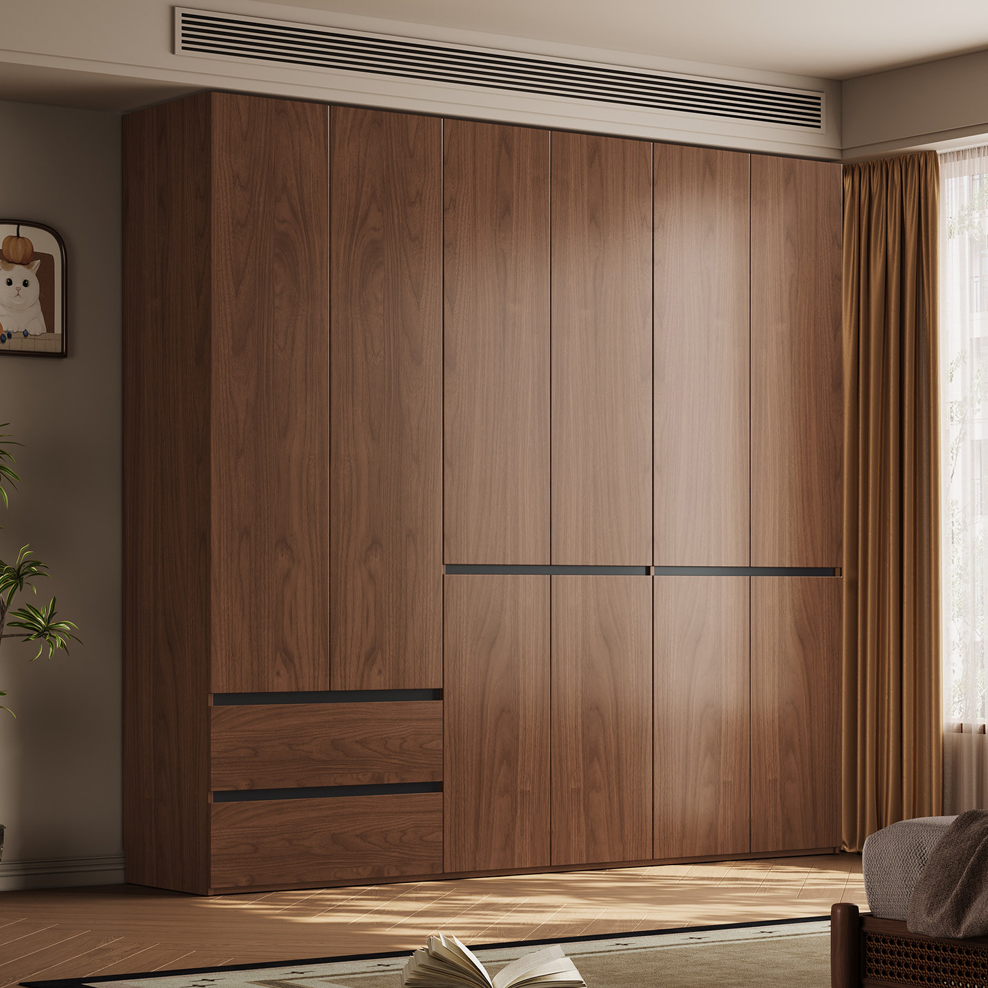 现货全实木衣柜橡木中古风家用卧室储物柜胡桃木色全挂式环保衣橱