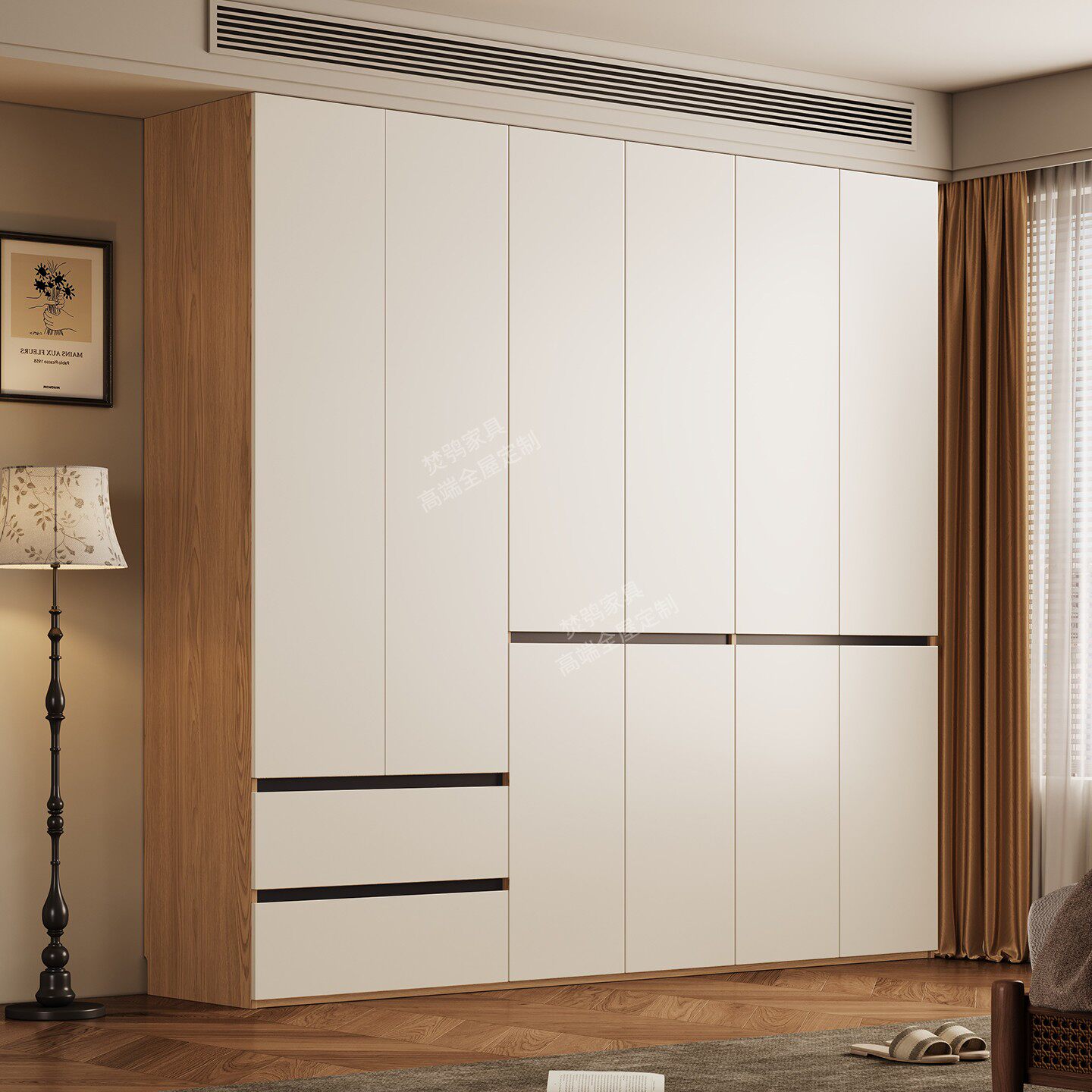 定制全橡木纯实木衣柜简约现代风卧室免拉手鱼骨线成人六门储物柜