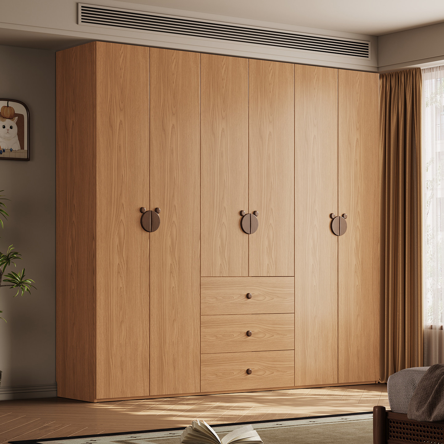 现货全实木橡木衣柜组合家用卧室原木色成人平开门包安装大衣橱子