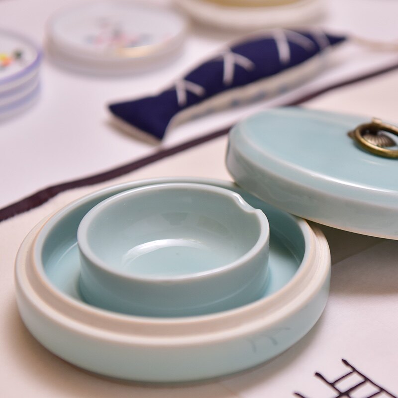 [暮雨]保湿不干砚台 汝窑青瓷烟台毛笔舔 可蓄水墨池双圈防蒸发,文具电教/文化用品/商务用品,砚台,淘宝优惠券,粉丝福利购,淘宝优惠卷