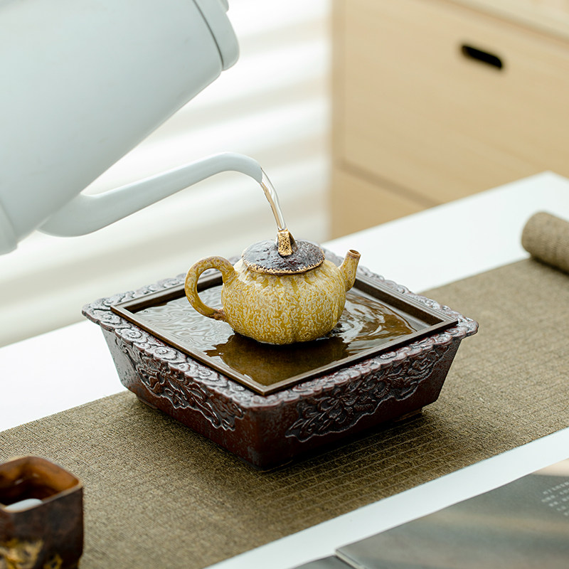 拓土粗陶储水干泡台陶瓷蓄水茶盘老岩泥铁锈红赤金缠枝莲四方壶承