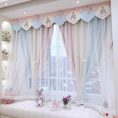 2023年新款儿童房窗帘女孩公主风飘窗卧室幔帘短帘卡通刺绣粉色