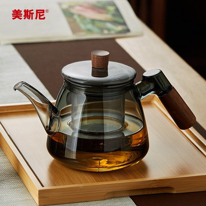 美斯尼玻璃泡茶壶加厚耐高温茶水分离花茶壶家用小号木把红茶茶具
