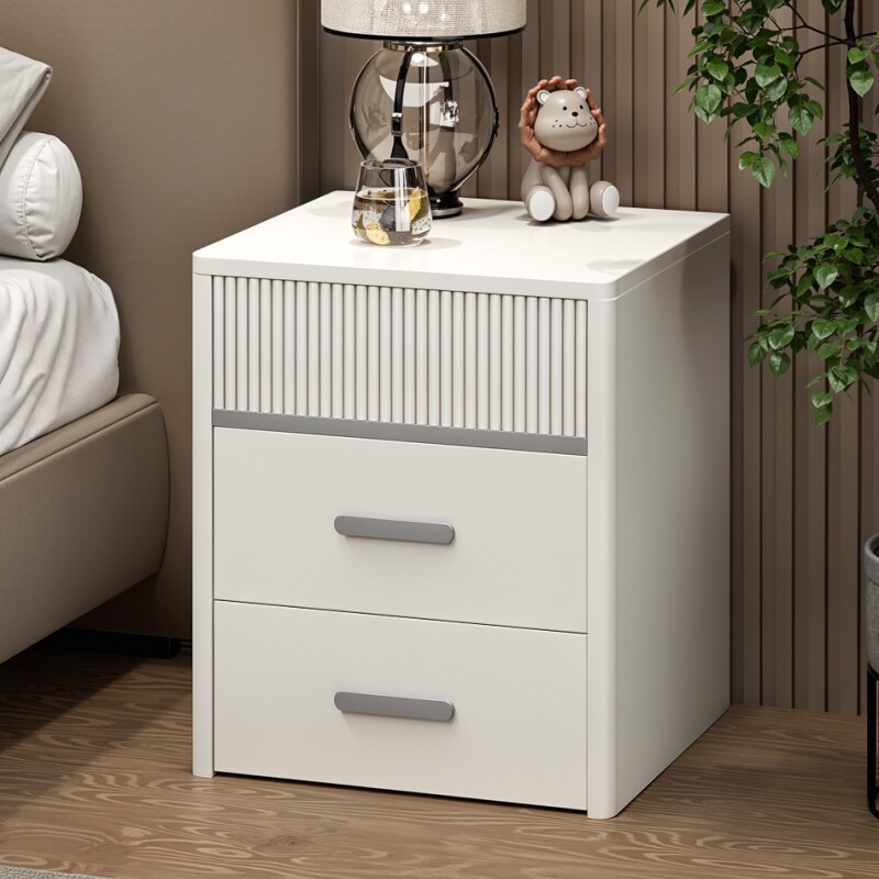 床头柜白色浅灰色浅卡其实木生态板材烤漆床边柜配套床头柜三抽屉