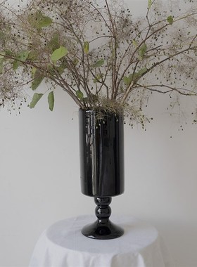 OOOOH法式中古高脚玻璃花瓶黑色复古插花水培摆件