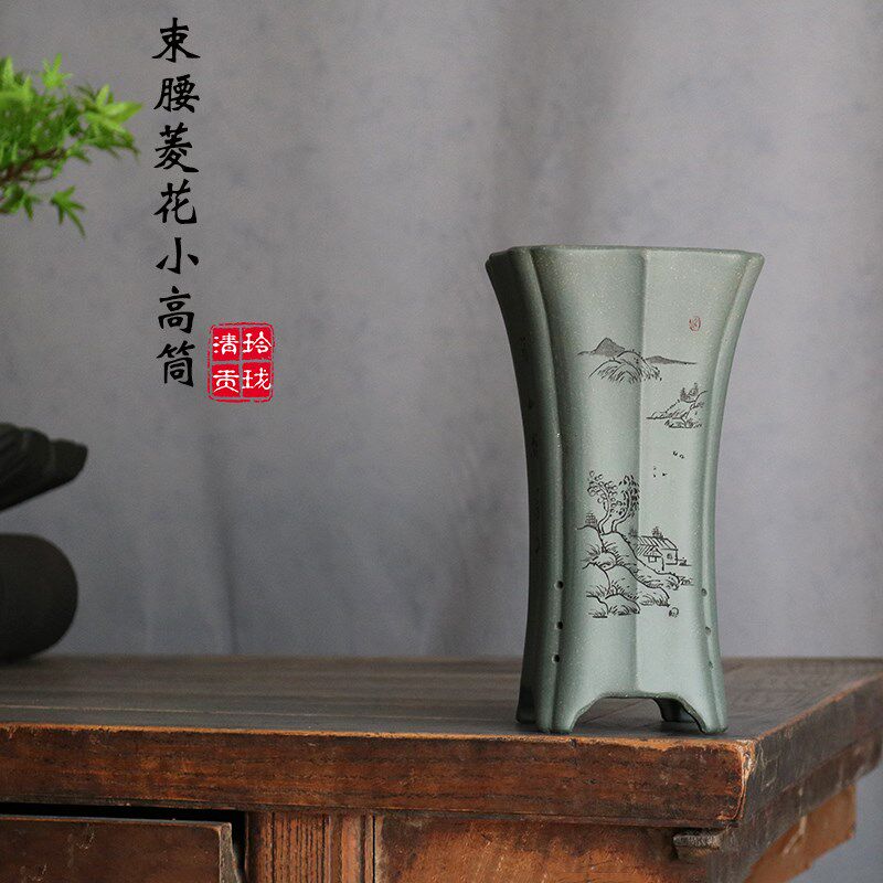 玲珑紫砂 束腰菱花细高筒盆兰花多肉苔藓文竹细叶莲瓣悬崖盆景