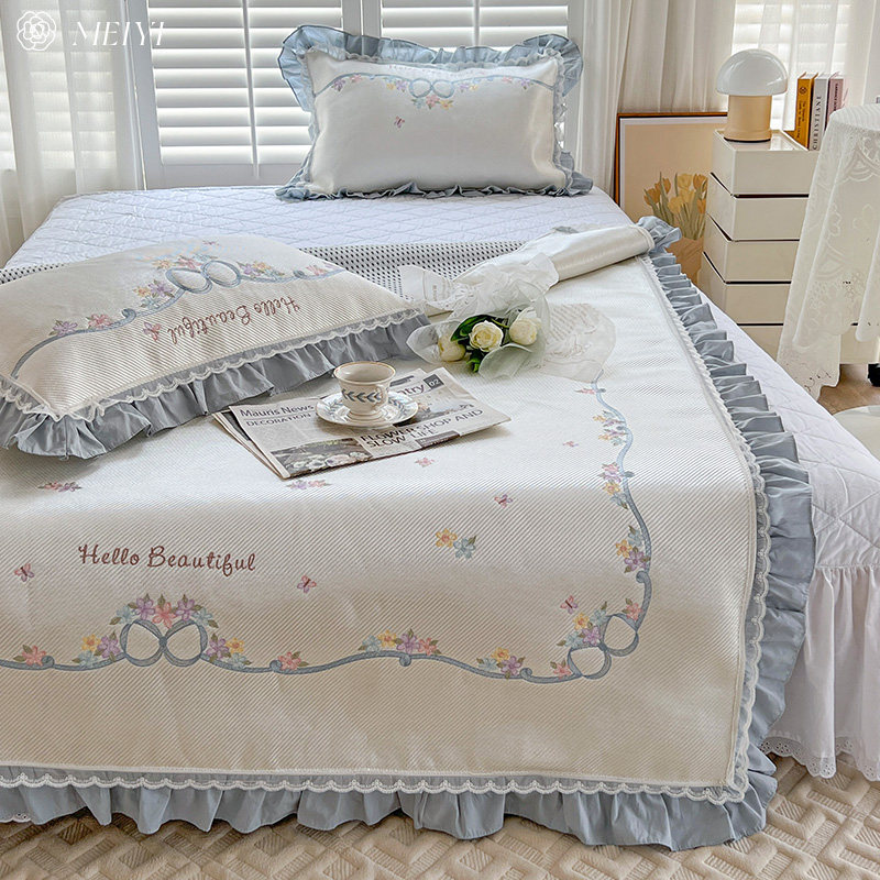 美谊家纺冰丝凉席床上三件套少女心花边床裙款空调席夏季亲肤裸睡,床上用品,冰丝席,淘宝优惠券,粉丝福利购,淘宝优惠卷