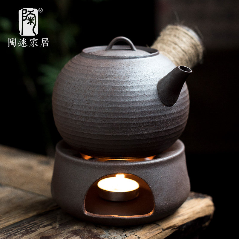 陶迷粗陶侧把壶温茶套装无釉原矿家用茶壶绑绳防烫陶瓷蜡烛煮茶炉