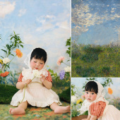 童话森林女宝宝莫奈油画春天春季 照相馆影楼婚纱摄影拍照背景布春